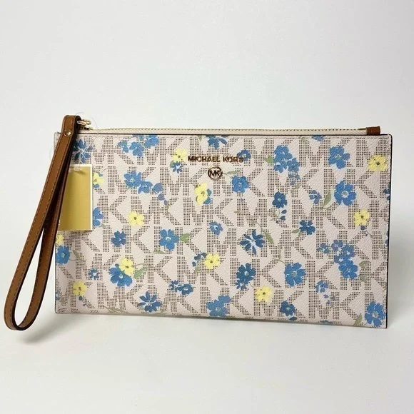 Michael Kors Wristlet Wallet Jet Set Large Clutch Vanilla Floral Print Canvas - Picture 7 of 8